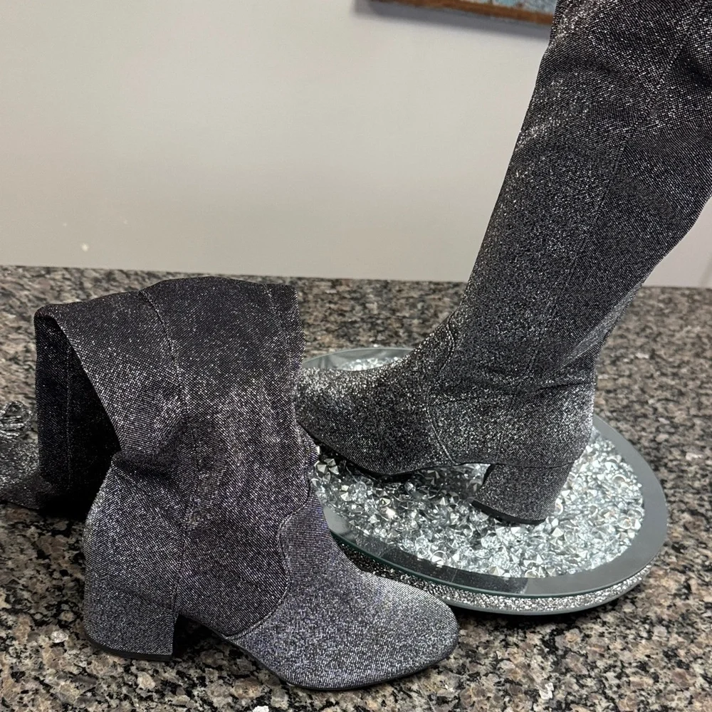 Sugar Black Glitter Over the Knee sock stocking Boots NWOT 7